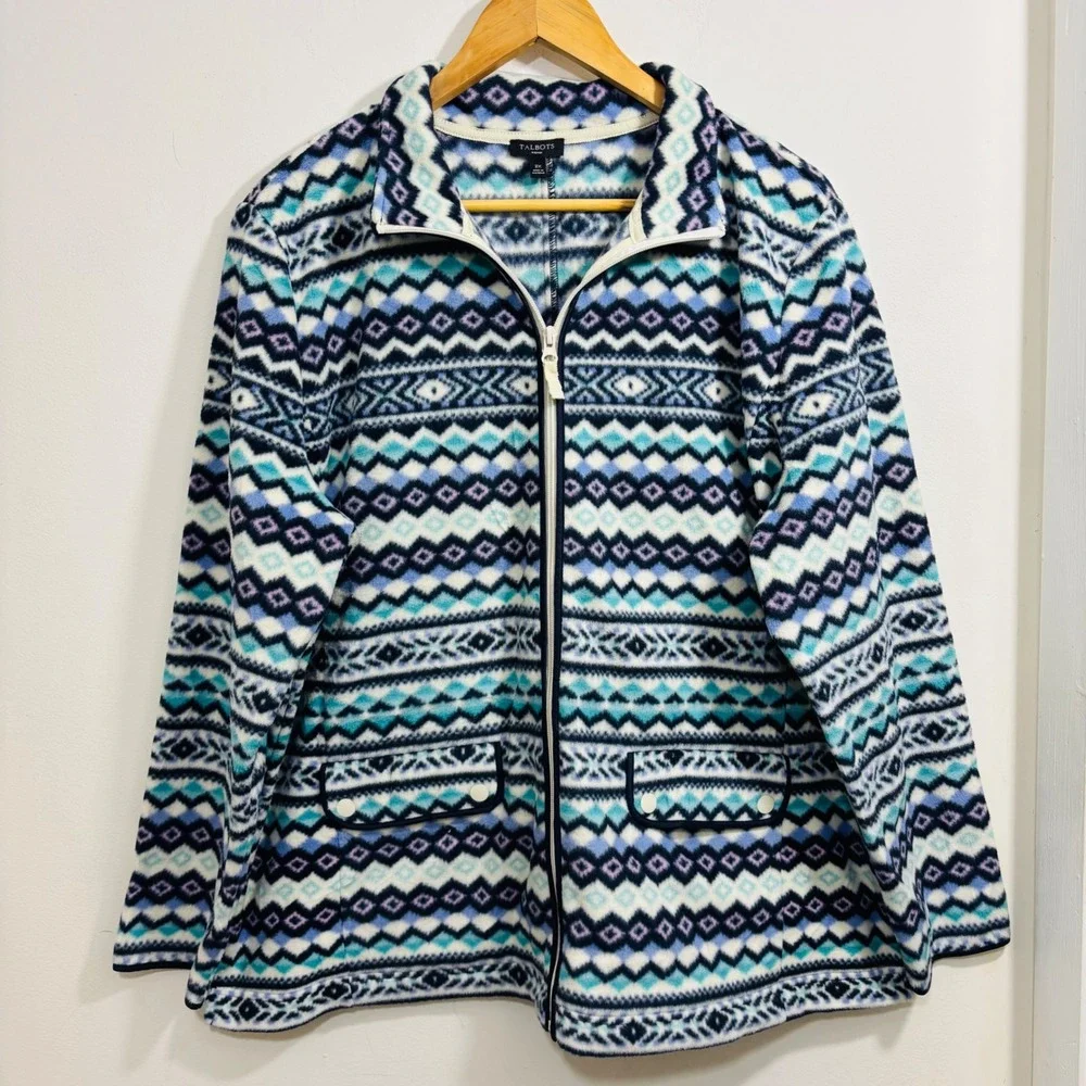 Talbots Fair Isle Aztec Blue Purple Print Fleece Zip‎ Up Jacket Side Pockets 2X